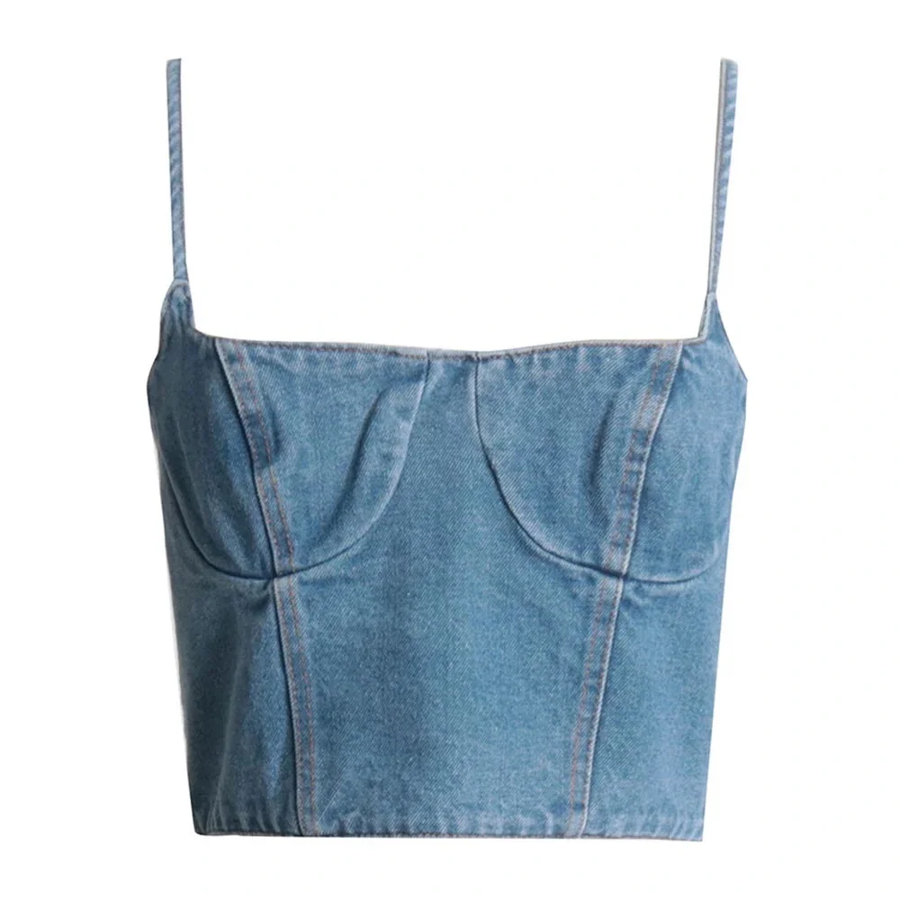 SPAGHETTI STRAP SMOCKED BACK CROPPED BUSTIER DEMIN TANK TOP - Picture 3 of 6